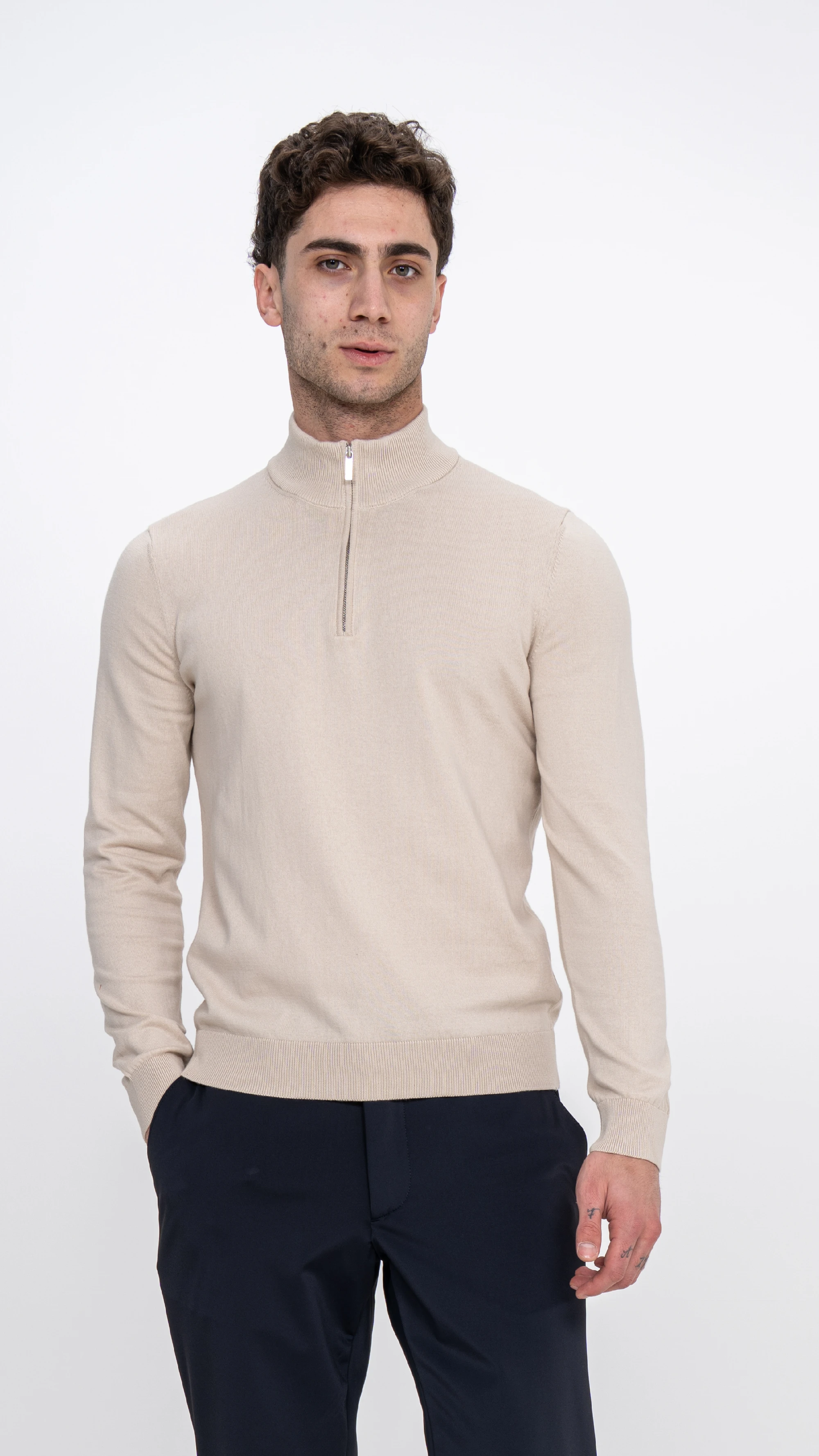 Zipped High Neck Knitted Sweater