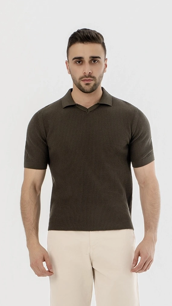 Ribbed Knit open collar polo