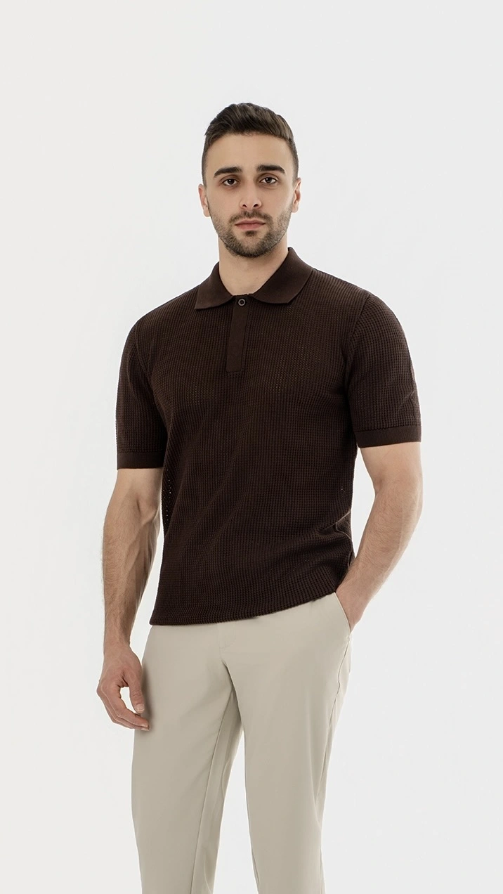 Waffle Knit Concealed Button Polo
