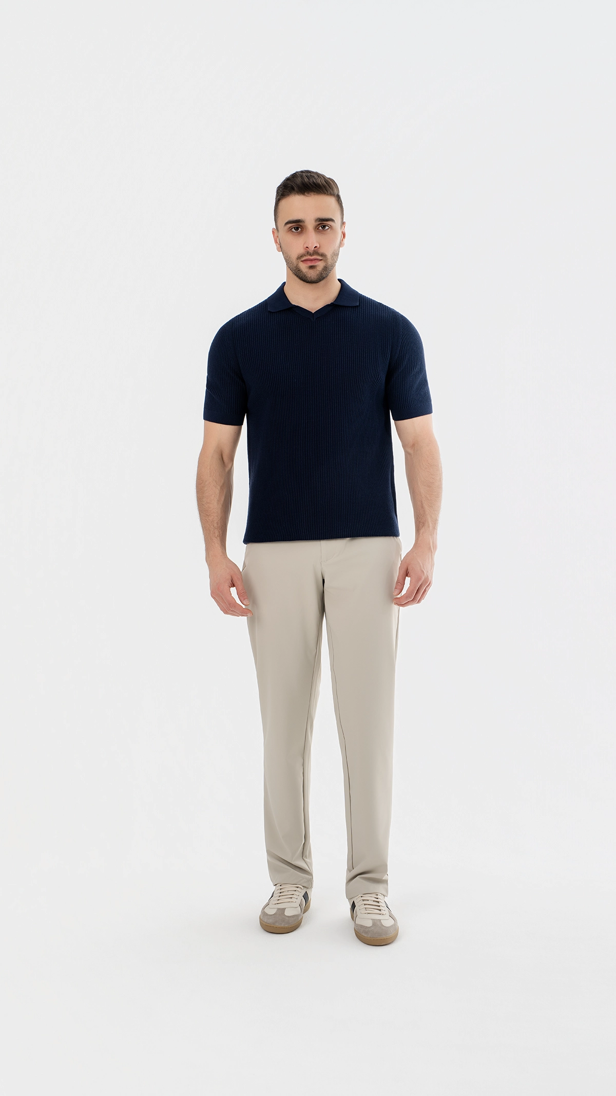 Ribbed Knit open collar polo
