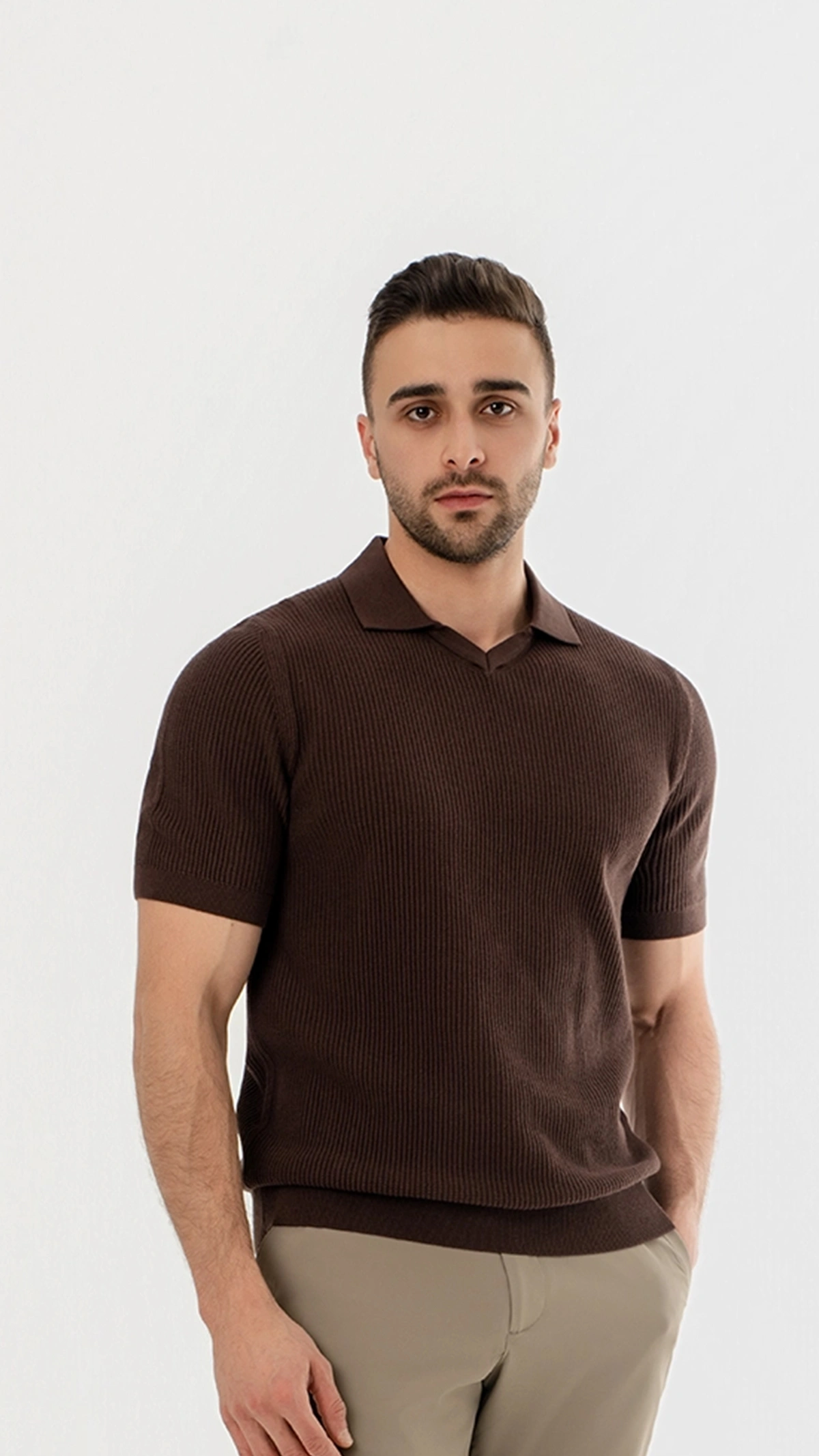 Ribbed Knit open collar polo