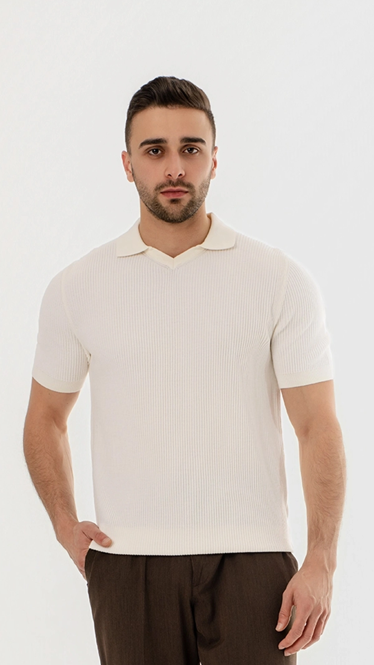 Ribbed Knit open collar polo