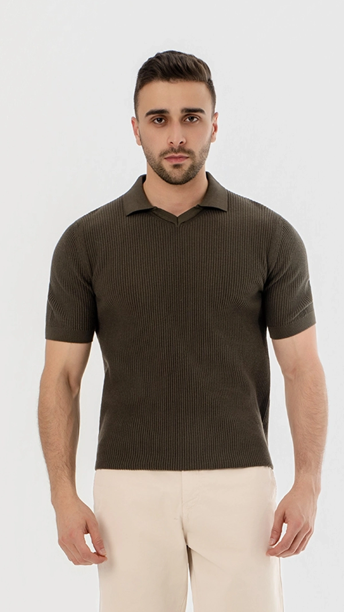 Ribbed Knit open collar polo