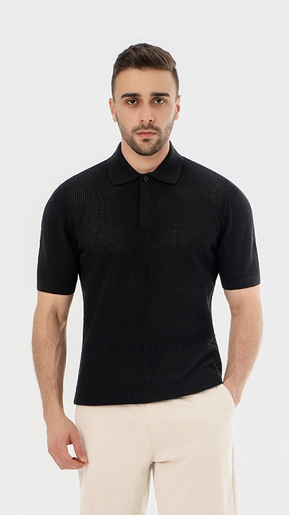 Waffle Knit Concealed Button Polo