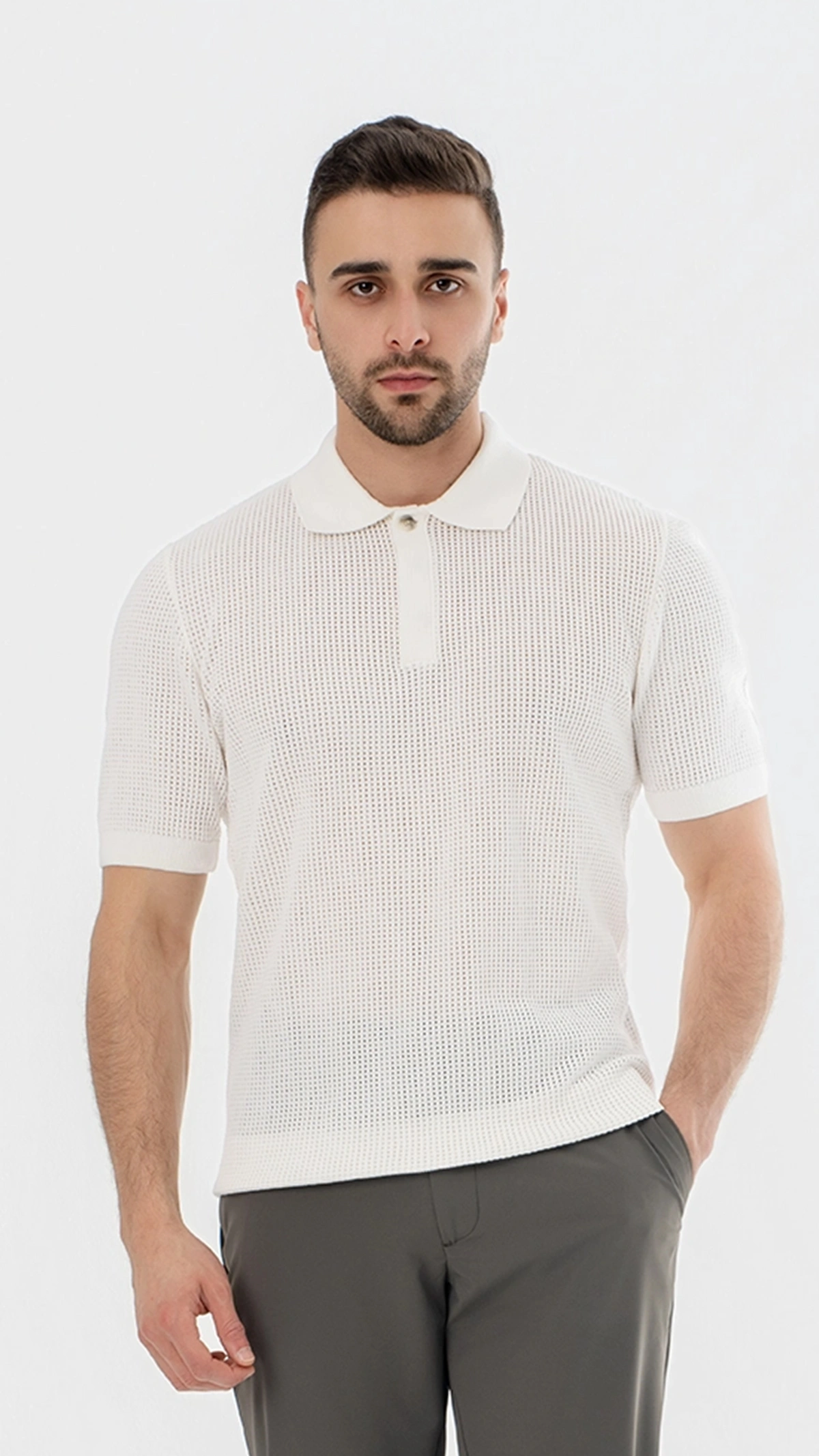Waffle Knit Concealed Button Polo