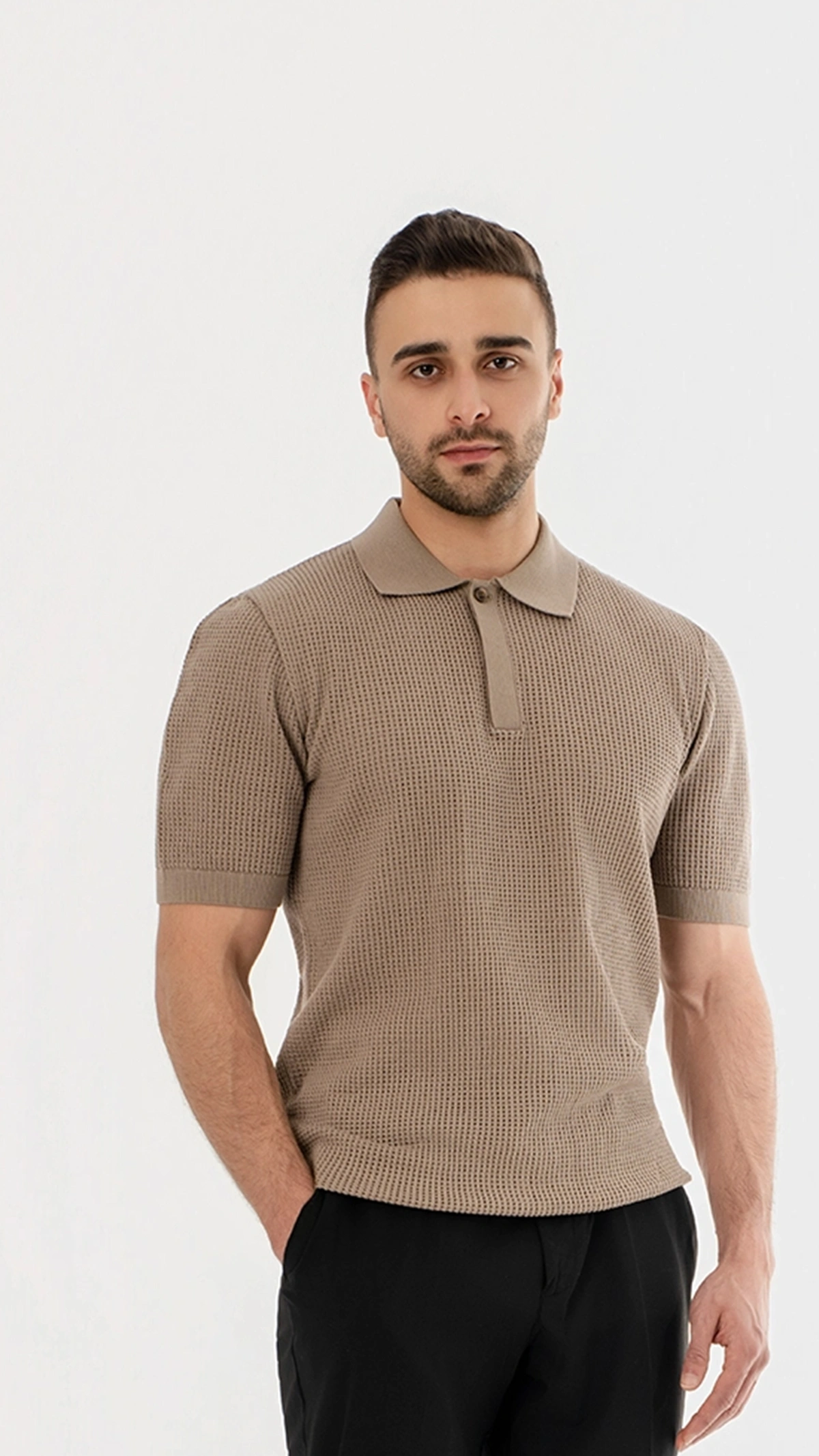 Waffle Knit Concealed Button Polo
