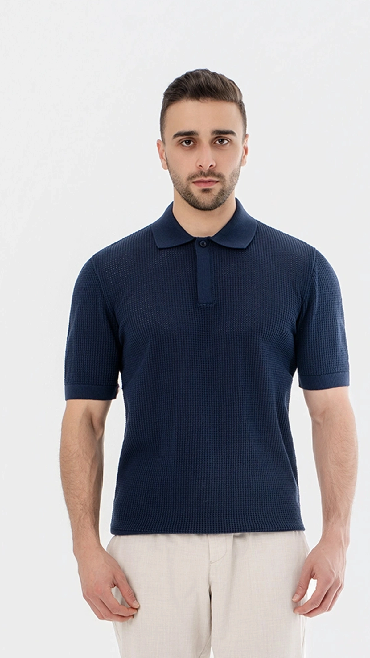 Waffle Knit Concealed Button Polo